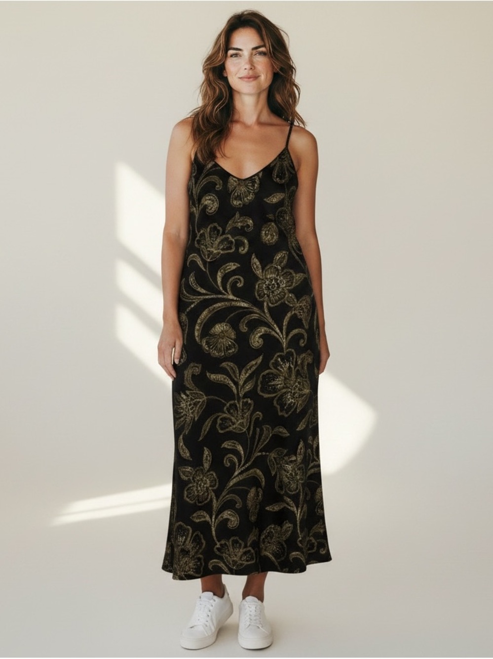 Monteau LA Black Maxi Slip Dress with Gold Floral Pattern NWT Size 4